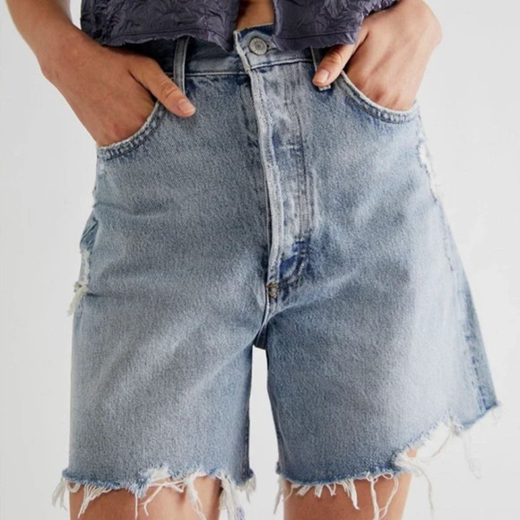 AGOLDE Stella Jean Shorts Blue Denim High Rise Frayed Distressed - Picture 4 of 12